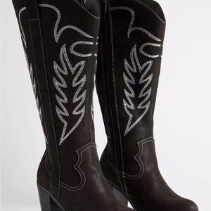 Torrid Black Silver Embroidered Heeled Boots